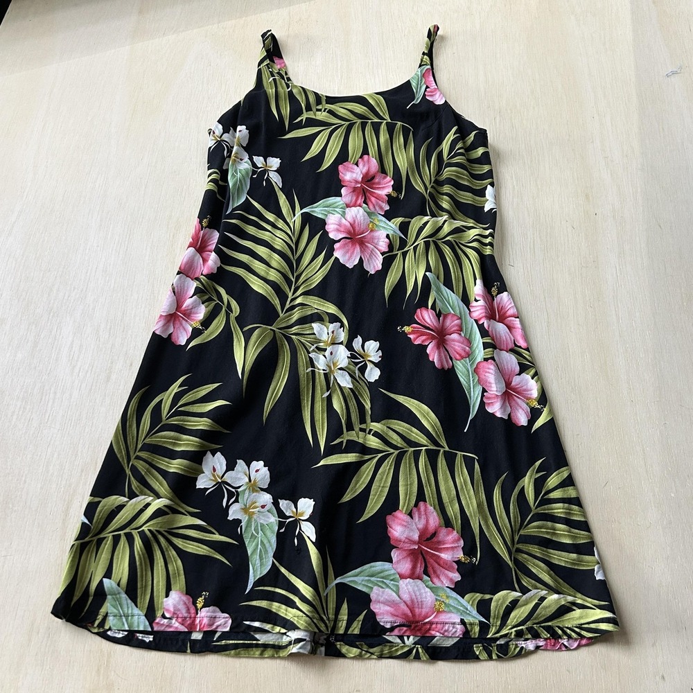 Vintage Puanani Hawaiian Dress Womens L Black Floral Scoop Neck A Line Sundress
